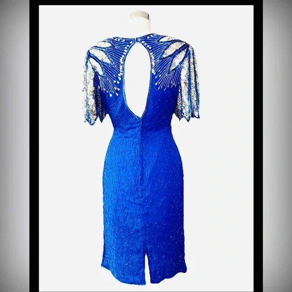 Laurence Kazar Vintage 80’s Blue Dress w/ Silver‎ Peacock Sequins and Open Back - Picture 2 of 10